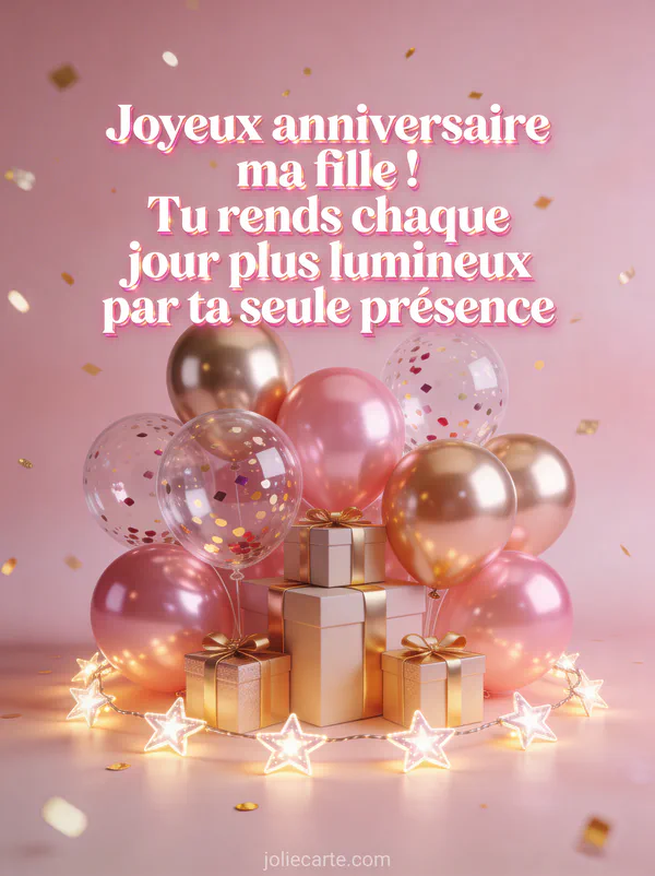Ballons roses dorés et transparents avec confettis boîtes cadeaux et guirlande d'étoiles fond rose pastel texte Joyeux anniversaire