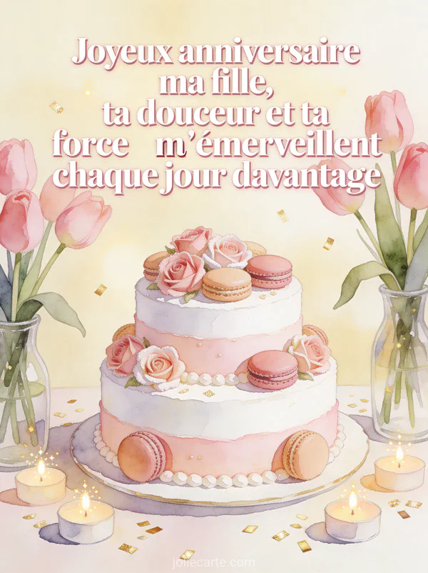 Gâteau d'anniversaire blanc et rose avec macarons roses en sucre tulipes roses et bougies scintillantes texte Joyeux anniversaire ma fille