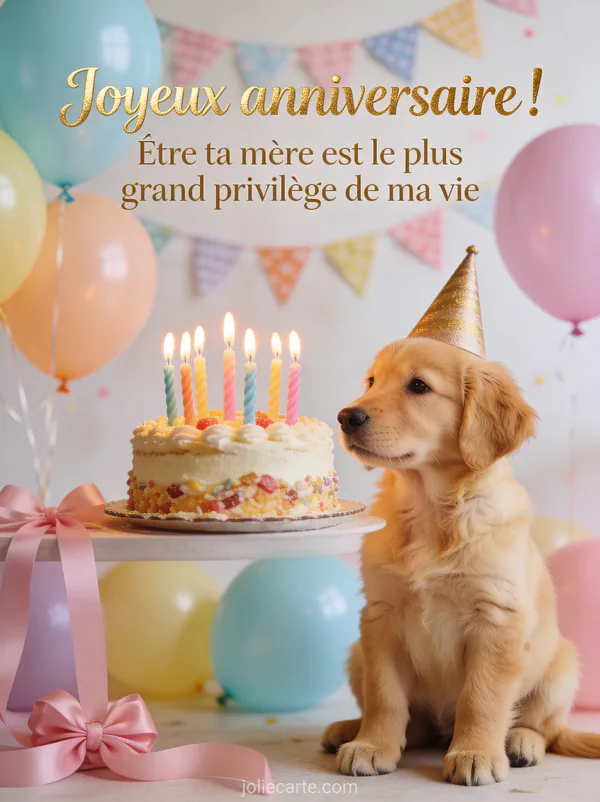 Chiot golden retriever avec chapeau de fête devant un gâteau d'anniversaire avec bougies et ballons pastel texte Joyeux anniversaire