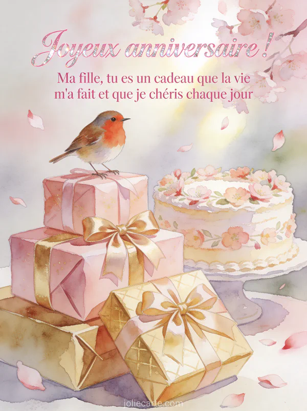Rouge-gorge posé sur des cadeaux d'anniversaire roses et dorés avec gâteau fleuri et pétales de cerisier texte Joyeux anniversaire