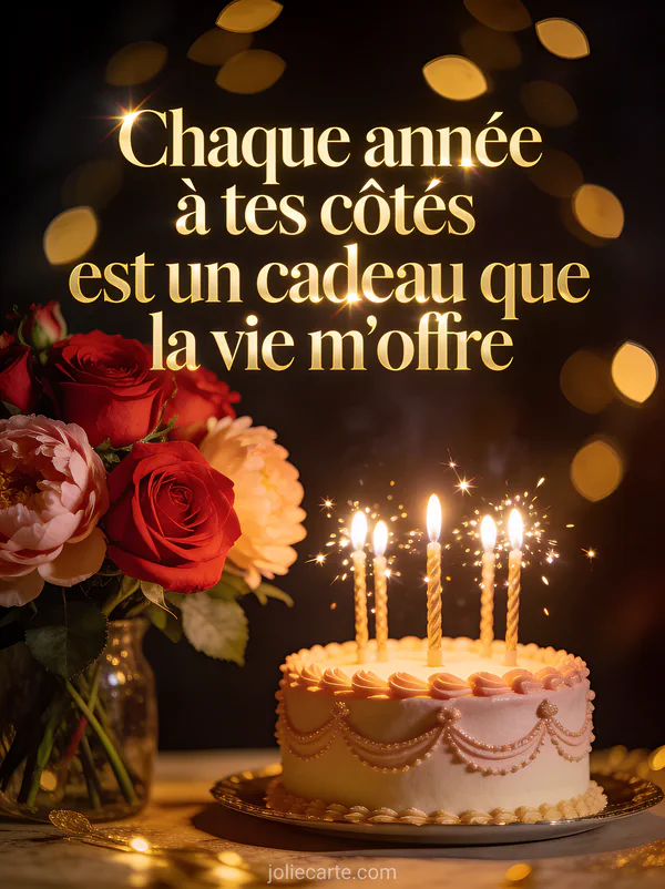 Bouquet de roses rouges et pivoines près d'un gâteau d'anniversaire avec bougies scintillantes et texte doré Chaque année à tes côtés est un cadeau