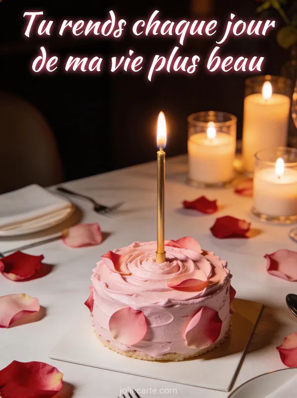 Gâteau d'anniversaire rose avec bougie dorée allumée entouré de pétales de roses sur une table aux chandelles avec texte Tu rends chaque jour de ma vie plus beau