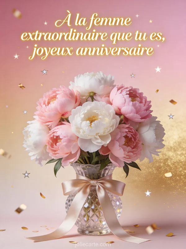 Illustration d'un bouquet de pivoines roses et blanches dans un vase en cristal avec confettis dorés et texte À la femme extraordinaire que tu es joyeux anniversaire