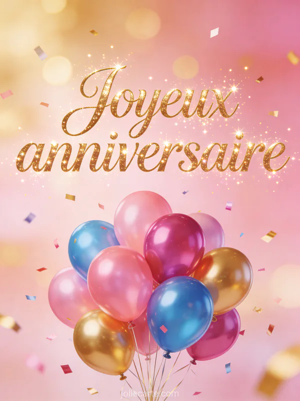 Ballons colorés rose fuchsia bleu et doré avec confettis et le texte Joyeux anniversaire en lettres dorées