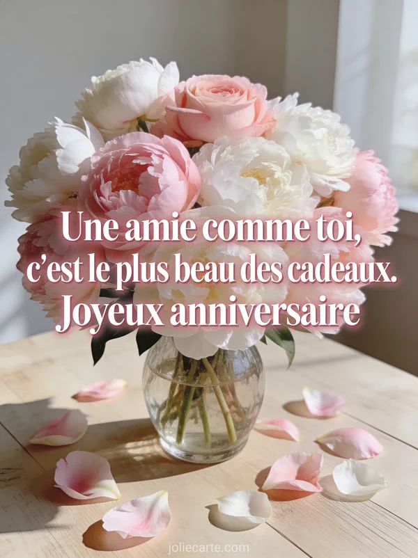 Bouquet de pivoines roses et blanches dans un vase en verre avec le texte Une amie comme toi c'est le plus beau des cadeaux