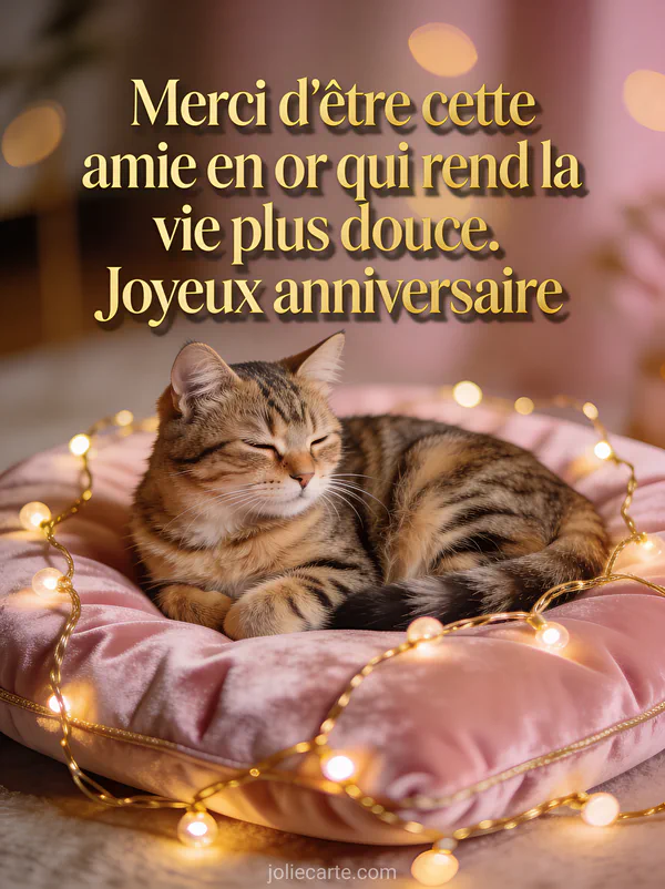 Chat roux tigré allongé sur un coussin velours rose entouré d'une guirlande lumineuse dorée avec le texte Joyeux anniversaire