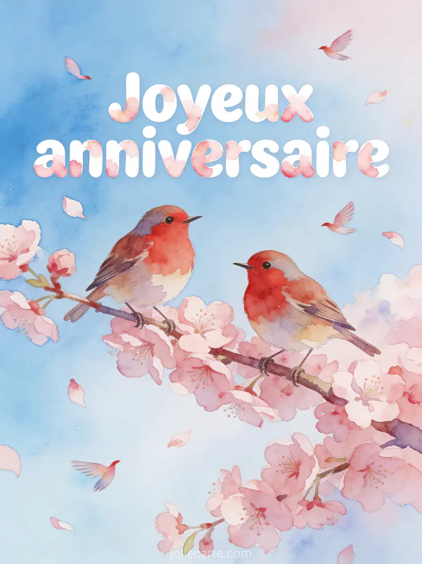 Deux rouge-gorges posés sur une branche de cerisier en fleurs roses avec le texte Joyeux anniversaire sur fond bleu ciel