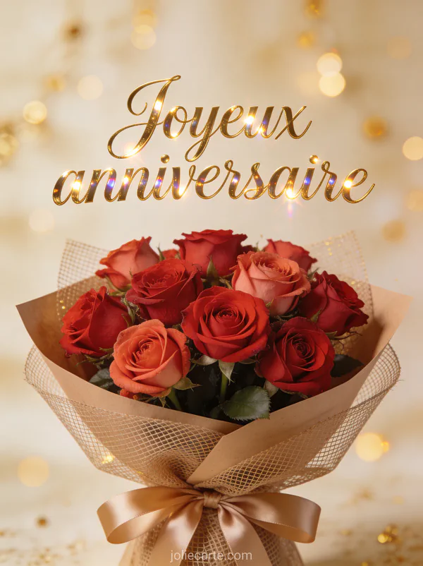 Bouquet de roses rouges et roses dans un emballage kraft avec ruban satin et le texte Joyeux anniversaire en lettres dorées