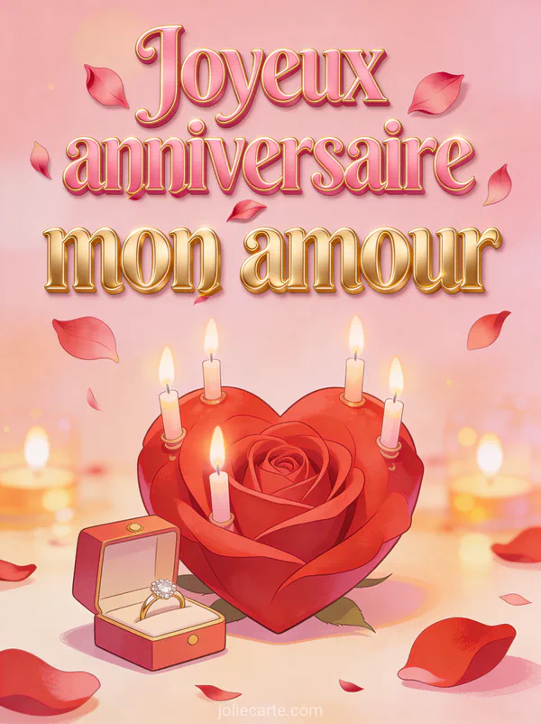 Allée de jardin romantique bordée de rosiers menant à un kiosque illuminé de guirlandes avec pétales de roses au coucher du soleil et texte Joyeux anniversaire mon amour