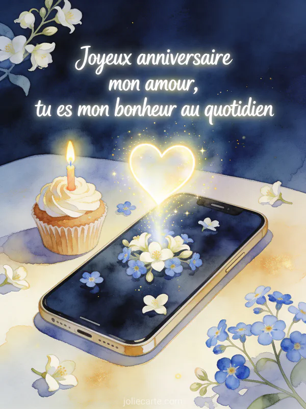 Illustration aquarelle d'un téléphone avec cœur lumineux entouré de jasmin et myosotis avec cupcake d'anniversaire et texte Joyeux anniversaire mon amour