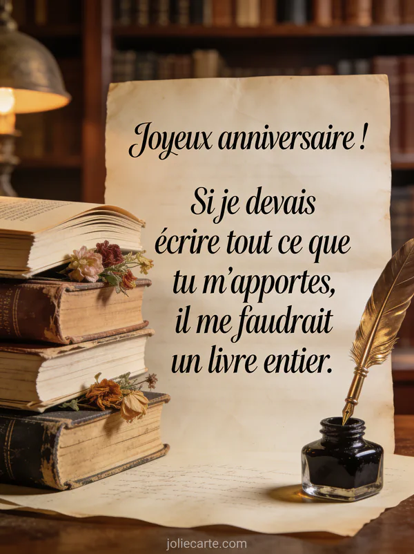 Pile de vieux livres avec fleurs séchées plume dorée et encrier avec le texte Joyeux anniversaire en écriture manuscrite