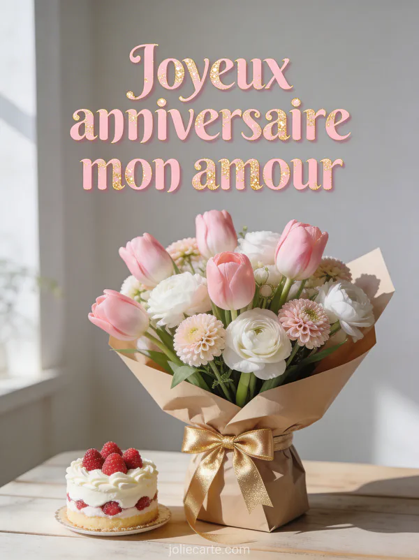 Bouquet de tulipes roses et renoncules dans papier kraft avec gâteau aux framboises sur table en bois et texte Joyeux anniversaire mon amour