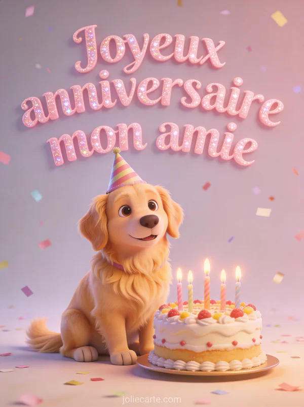 Golden retriever avec chapeau de fête devant un gâteau d'anniversaire avec bougies et confettis pastel