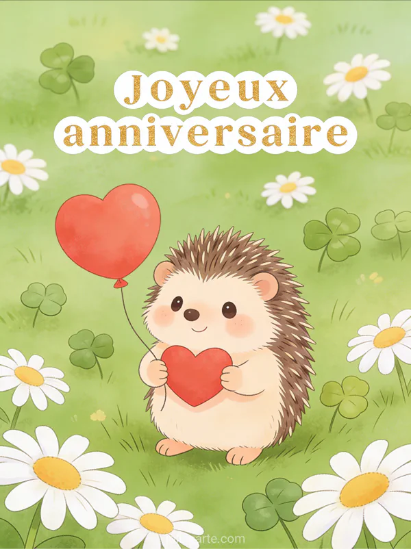 Petit hérisson tenant un ballon coeur rouge entouré de marguerites et trèfles avec le texte Joyeux anniversaire