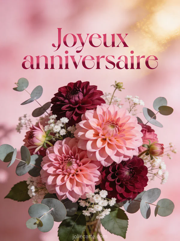 Composition florale de dahlias roses et bordeaux avec eucalyptus et gypsophile sur fond rose poudré avec le texte Joyeux anniversaire