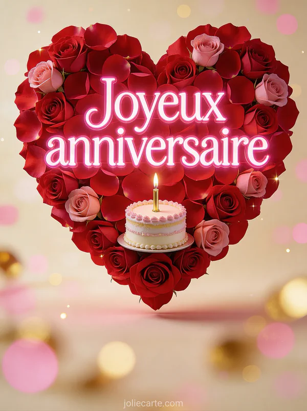 Grand cœur composé de pétales de roses rouges et roses avec gâteau d'anniversaire et bougie dorée au centre et texte Joyeux anniversaire