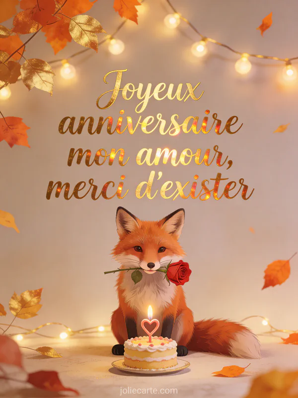 Illustration d'un renard roux tenant une rose devant un gâteau d'anniversaire avec bougie en forme de cœur et guirlande lumineuse et texte Joyeux anniversaire mon amour