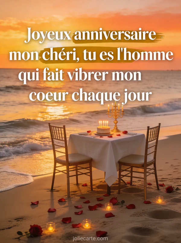 Coucher de soleil sur la mer avec table romantique dressée pour deux sur la plage gâteau d'anniversaire chandelier et pétales de roses et texte Joyeux anniversaire mon chéri