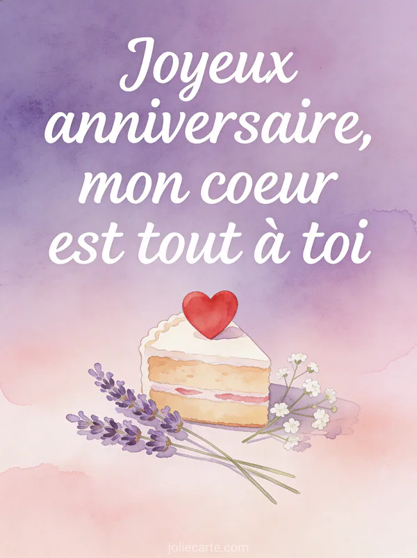 Illustration aquarelle d'un petit gâteau d'anniversaire surmonté d'un cœur rouge avec brins de lavande et gypsophile et texte Joyeux anniversaire mon cœur est tout à toi