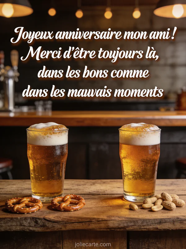 Deux verres de bière artisanale qui trinquent sur un comptoir en bois rustique avec bretzels et lumières tamisées de pub