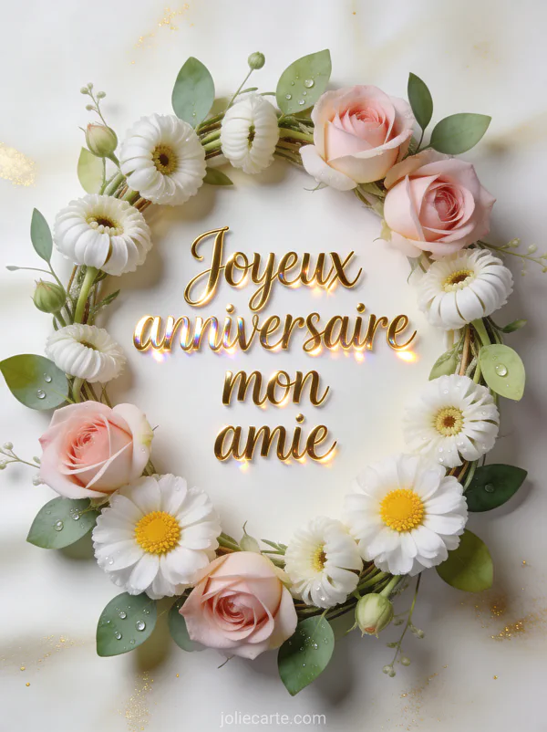 Couronne de renoncules blanches et roses avec feuillage vert sur fond crème et le texte Joyeux anniversaire mon amie en lettres dorées