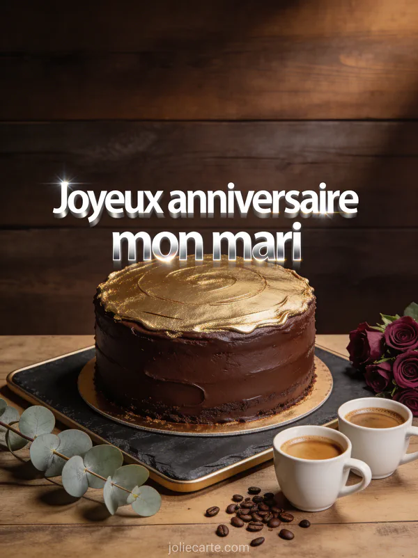 Gâteau au chocolat avec glaçage doré sur ardoise avec deux tasses de café roses bordeaux et eucalyptus sur bois foncé et texte Joyeux anniversaire mon mari