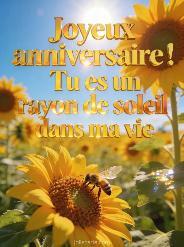 Champ de tournesols lumineux sous un ciel bleu avec une abeille qui butine et le texte Joyeux anniversaire en lettres dorées