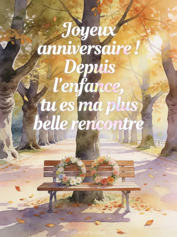 Allée de platanes avec feuilles d'automne dorées et banc en bois avec deux couronnes de fleurs dans une lumière chaude