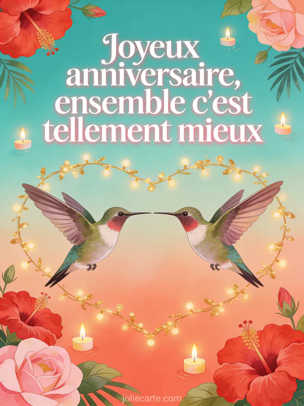 Illustration de deux colibris face à face entourés d'hibiscus rouges et roses avec guirlande lumineuse et bougies et texte Joyeux anniversaire
