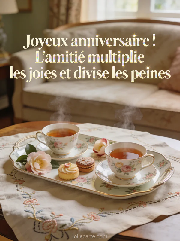 Deux tasses de thé fumantes sur plateau en porcelaine fleurie avec petits gâteaux et camélias sur nappe en lin