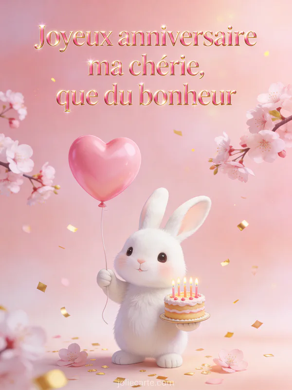 Illustration d'un lapin blanc tenant un ballon cœur rose et un gâteau d'anniversaire entouré de confettis dorés et fleurs de cerisier et texte Joyeux anniversaire ma chérie