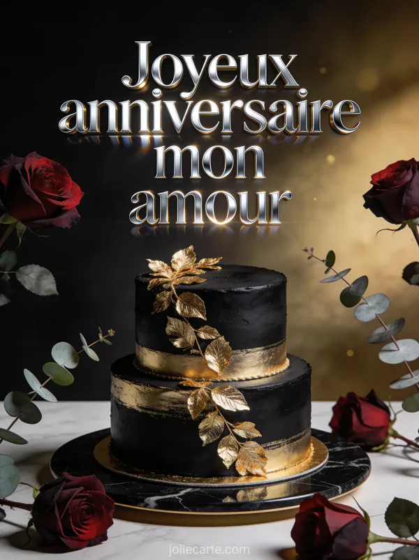 Gâteau d'anniversaire noir et or à deux étages sur marbre noir avec roses rouges sombres eucalyptus et texte Joyeux anniversaire mon amour en lettres argentées