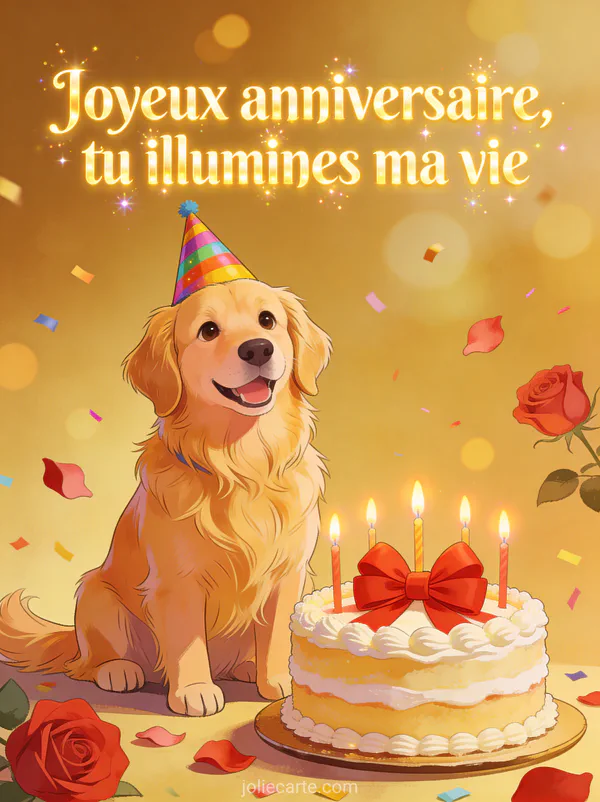 Illustration d'un chien golden retriever avec chapeau de fête devant un gâteau d'anniversaire avec bougies cadeau et confettis et texte Joyeux anniversaire