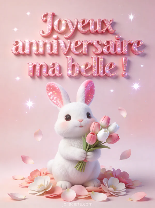 Lapin blanc aux oreilles roses tenant un bouquet de tulipes roses entouré de pétales sur fond rose pâle scintillant