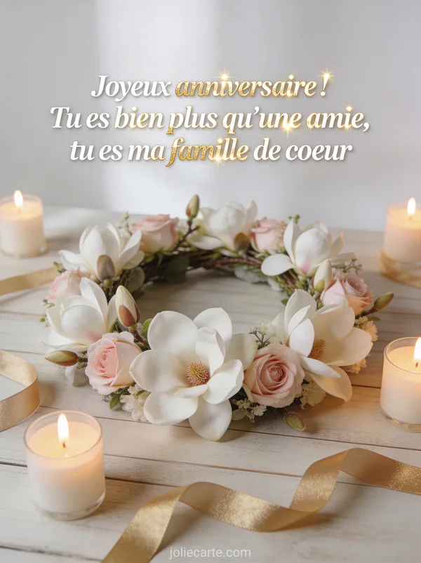 Couronne de magnolias blanches et roses sur table en bois clair avec bougies allumées et ruban doré