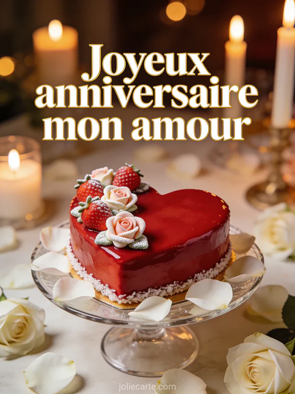 Gâteau d'anniversaire en forme de cœur rouge velouté décoré de fraises et roses en sucre sur présentoir en verre avec pétales et texte Joyeux anniversaire mon amour