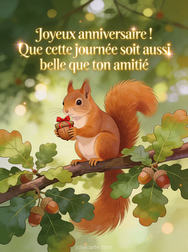 Écureuil roux tenant une noisette décorée avec noeud rouge sur une branche de chêne avec feuillage vert