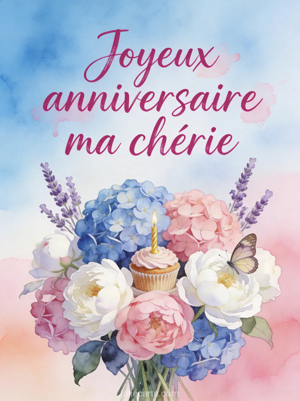 Aquarelle d'hortensias bleus et roses pivoines blanches lavande avec cupcake d'anniversaire et papillon et texte Joyeux anniversaire ma chérie