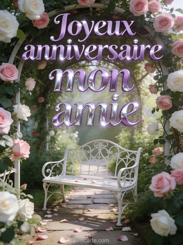 Jardin avec tonnelle de roses grimpantes roses et blanches petit chemin pavé et banc en fer forgé blanc dans la lumière du matin