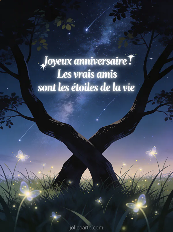 Ciel nocturne avec voie lactée et étoiles filantes silhouettes d'arbres enlacés et lucioles dans l'herbe