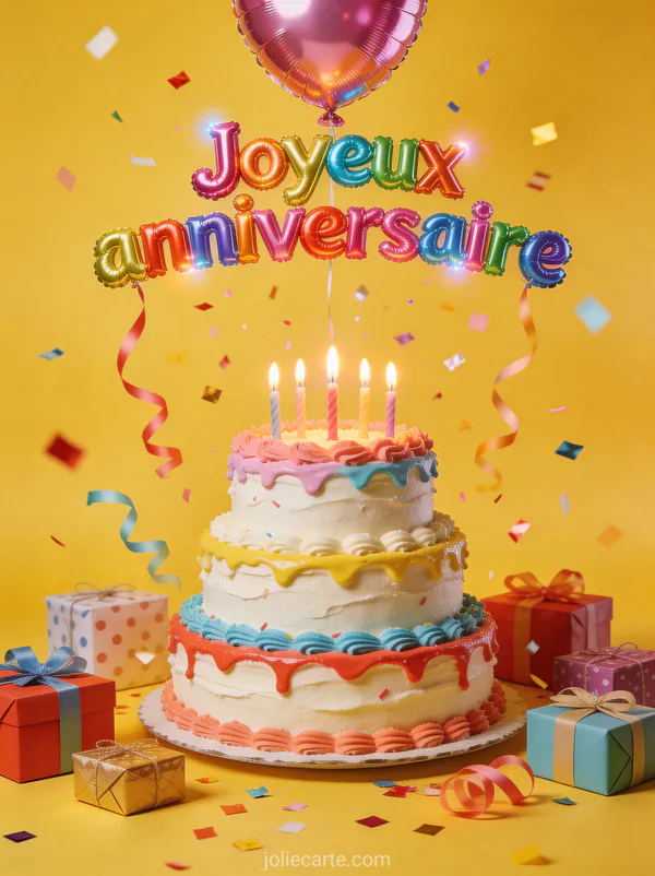 Gâteau d'anniversaire à trois étages avec bougies allumées confettis serpentins et cadeaux emballés sur fond jaune festif