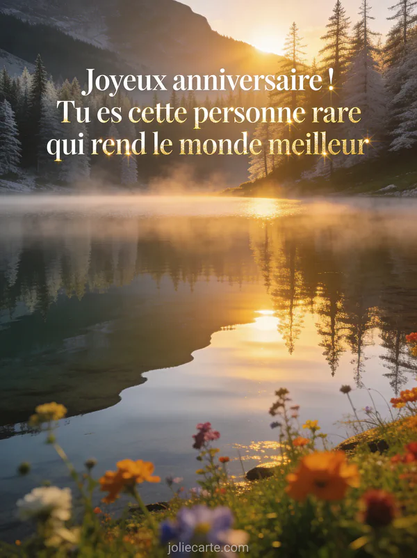 Lac de montagne au lever du soleil avec reflets dans l'eau brume légère forêt de sapins et fleurs de montagne