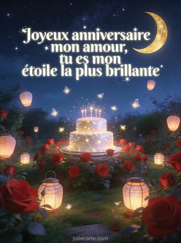 Ciel étoilé au-dessus d'un jardin de roses avec lanternes flottantes gâteau d'anniversaire scintillant lucioles et croissant de lune et texte Joyeux anniversaire mon amour