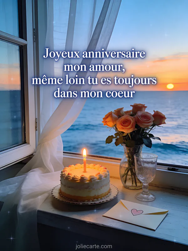Fenêtre ouverte sur mer au coucher de soleil avec gâteau d'anniversaire roses roses lettre et rideaux blancs flottants et texte Joyeux anniversaire mon amour