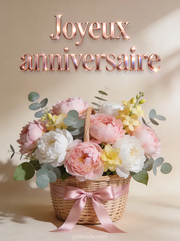 Panier en osier avec pivoines roses et blanches eucalyptus et freesia jaune avec ruban de satin rose sur fond beige