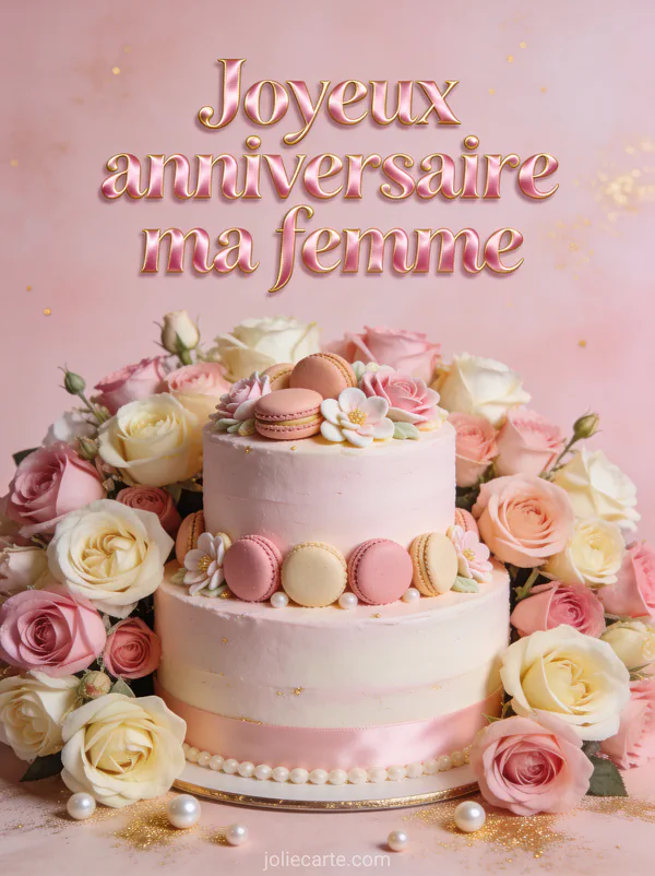 Gâteau d'anniversaire rose pâle avec macarons et fleurs en sucre entouré de roses garden anglaises et perles et texte Joyeux anniversaire ma femme