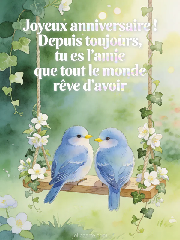 Deux mésanges bleues perchées sur une balançoire en bois décorée de jasmin et lierre dans un jardin vert tendre