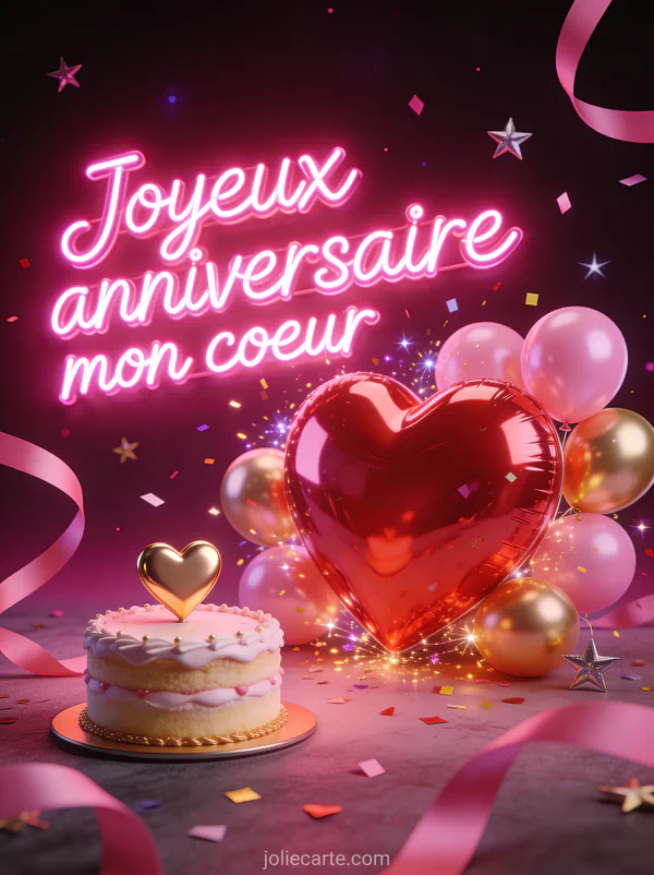 Illustration 3D d'un gros cœur rouge avec ballons roses et dorés confettis gâteau d'anniversaire et texte Joyeux anniversaire mon cœur en néon rose