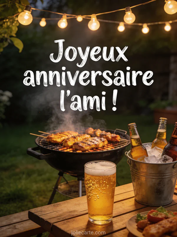 Barbecue fumant avec grillades bouteilles de bière dans seau à glace et guirlandes lumineuses sur table de jardin en bois
