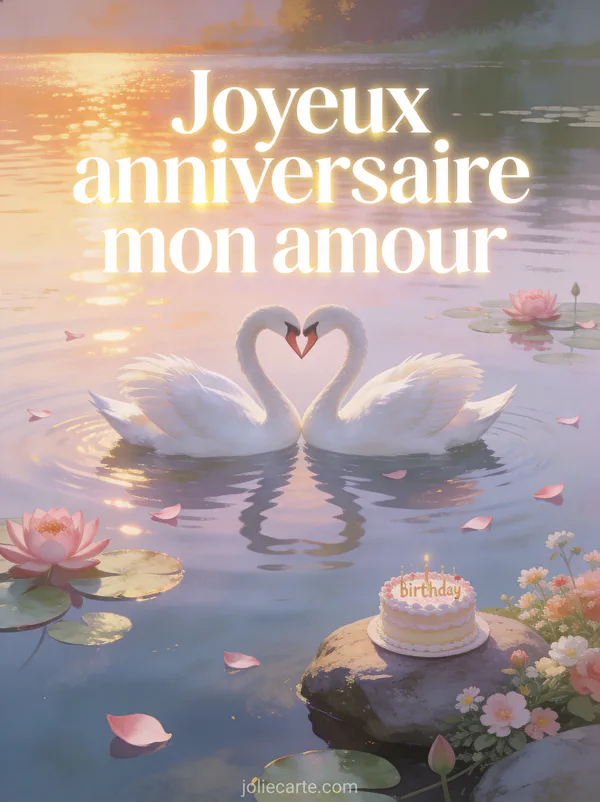 Illustration de deux cygnes blancs formant un cœur sur un lac au coucher du soleil avec nénuphars gâteau d'anniversaire et texte Joyeux anniversaire mon amour